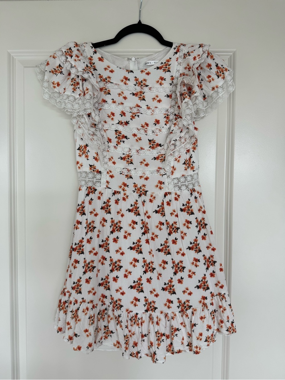 Girls White Floral Ruffle Dress with Orange Bloom Accents